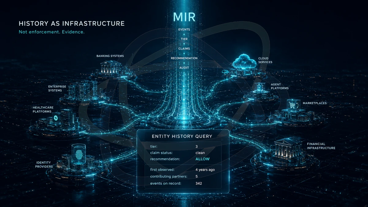 MIR architectural visualization: participation history substrate connecting banking systems, enterprise systems, healthcare platforms, cloud services, agent platforms, marketplaces, identity providers, and financial infrastructure. Sample query response shows tier 3, claim status clean, recommendation ALLOW.